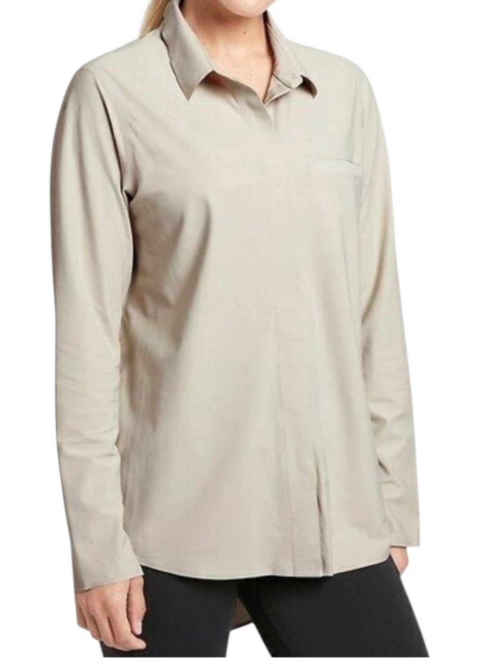 Athleta Urbanite Button Down Performance Blouse Med Beige Work Commute Orig $98